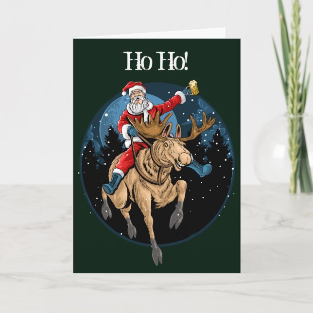 Cartes Pour Fêtes Annuelles Père Noël Riding Moose Boire Beer (Devant)