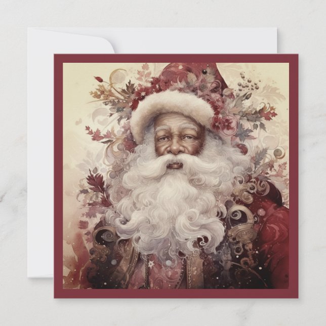 Cartes Pour Fêtes Annuelles Père Noël Rococo noir barbe blanche accent floral (Devant)