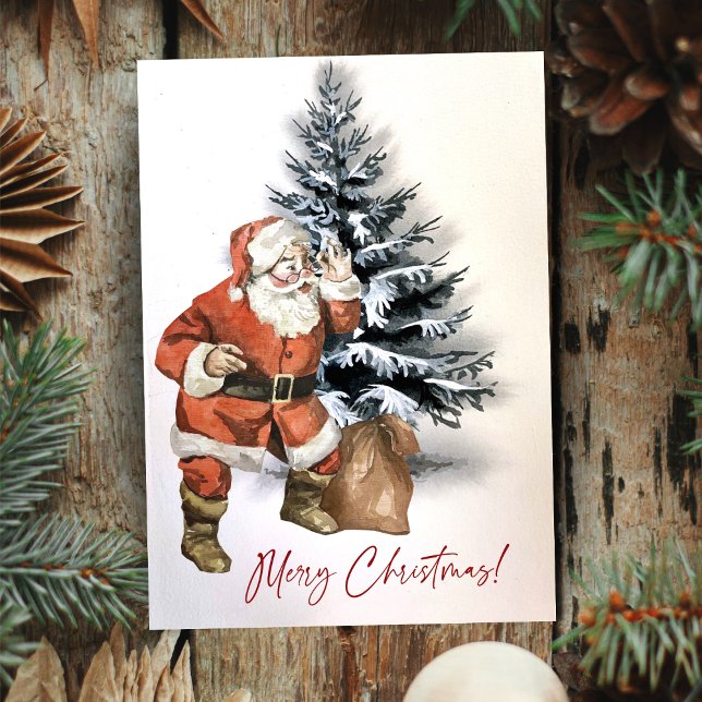 Cartes Pour Fêtes Annuelles Père Noël Rustique Aquarelle Avec Sac Personnalisé (Rustic Watercolor Santa With Bag Custom Christmas Holiday Card)