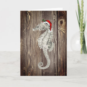 Cartes Pour Fêtes Annuelles père Noël Seahorse Rustic Wood Christmas Card