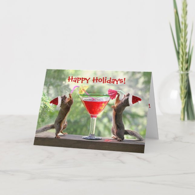 Cartes Pour Fêtes Annuelles Père Noël Squirrels Boire un Cocktail (Devant)