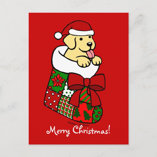 Cartes Pour Fêtes Annuelles Père Noël Stocker Jaune Labrador Chiot Cartoon (Devant)