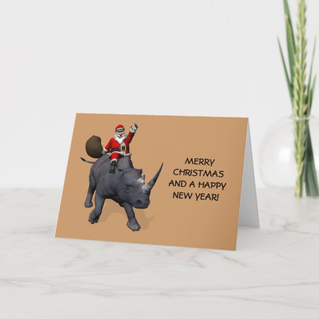 Cartes Pour Fêtes Annuelles Père Noël Sur Rhino Rhinoceros (Devant)