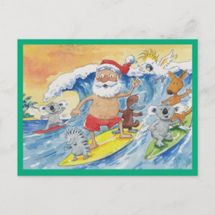 Cartes Pour Fêtes Annuelles Père Noël surf avec ses amis animaux