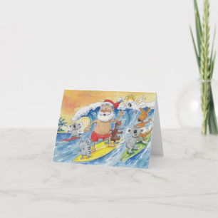 Cartes Pour Fêtes Annuelles Père Noël surfant avec ses amis animaux