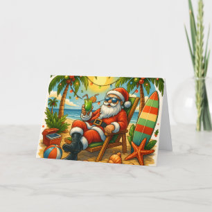 Cartes Pour Fêtes Annuelles Père Noël surfant sur une plage tropicale de Noël