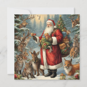 Cartes Pour Fêtes Annuelles Père Noël victorien avec cadeau et animaux de la f