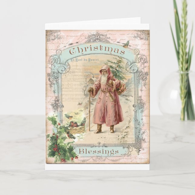 Cartes Pour Fêtes Annuelles Père Noël victorien Oiseaux d'arbre rose Noël (Devant)