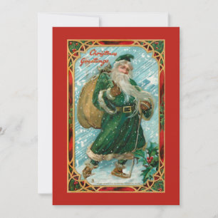 Cartes Pour Fêtes Annuelles Père Noël vintage à Robes Vertes en neige