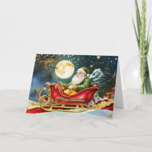 Cartes Pour Fêtes Annuelles Père Noël vintage à Sleigh, Pleine lune, Étoiles
