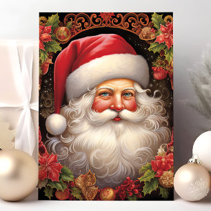 Cartes Pour Fêtes Annuelles Père Noël vintage avec décor floral de houx de Noë