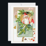 Cartes Pour Fêtes Annuelles Père Noël vintage avec des cures et du pin couvert<br><div class="desc">Charmante vignette colorée de Père Noël vintage portant un sac de cadeaux entouré de branches de pin enneigées,  cloches en laiton,  ruban et friandises festives. L'arrière comporte des éléments graphiques coordonnés personnalisés avec des champs de texte modifiables.</div>