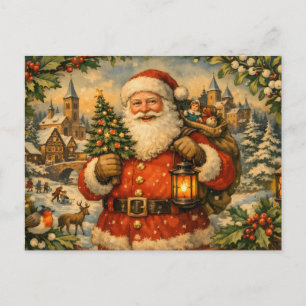 Cartes Pour Fêtes Annuelles Père Noël vintage avec lanterne