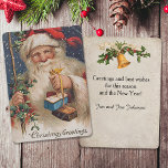 Cartes Pour Fêtes Annuelles Père Noël vintage avec présentateurs<br><div class="desc">Père Noël de l'époque victorienne avec de longs whiskys à écoulement continu tenant des colis attachés avec du ruban. Image complémentaire à l'envers avec du texte personnalisable.</div>