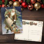 Cartes Pour Fêtes Annuelles Père Noël vintage avec présentateurs<br><div class="desc">Père Noël de l'ancien monde à bordure dorée déversant des jouets d'un grand sac avec un arbre de Noël attaché au dos.</div>
