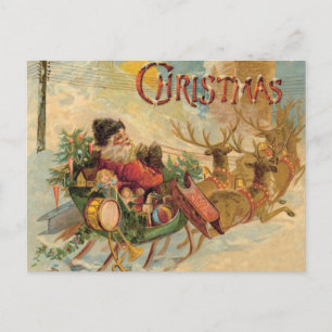 Cartes Pour Fêtes Annuelles Père Noël vintage dans son traîneau à rennes