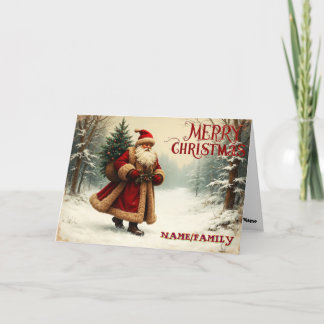 Cartes Pour Fêtes Annuelles Père Noël vintage dans une forêt enneigée