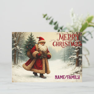 Cartes Pour Fêtes Annuelles Père Noël vintage dans une forêt enneigée – Noël