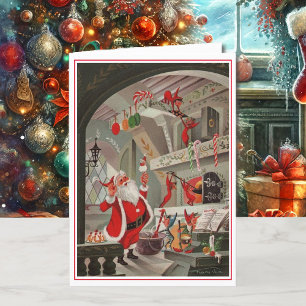 Cartes Pour Fêtes Annuelles Père Noël vintage et lutins préparant des biscuits