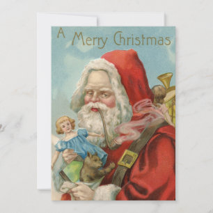Cartes Pour Fêtes Annuelles Père Noël Vintage Flippant Fumant la Pipe Jouets N