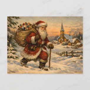 Cartes Pour Fêtes Annuelles Père Noël vintage marchant dans la neige