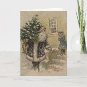 Cartes Pour Fêtes Annuelles Père Noël Vintage Neige Arbre de Noël