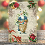 Cartes Pour Fêtes Annuelles Père Noël Vintage rustique avec fleurs, pin et mus<br><div class="desc">Jolly bleu robed Père Noël sur un arrière - plan de musique et de script avec gravé la bordure de brindille de bouleau rustique,  gravé pin,  roses,  poinsettia et saint sur l'arrière - plan de parchemin sépia en détresse.</div>
