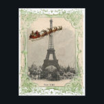 Cartes Pour Fêtes Annuelles Père Noël vintage sur Paris Christmas Postcard<br><div class="desc">Une Père Noël vintage et son traîneau rempli de jouets volent devant la Tour Eiffel à partir d'une carte postale française antique,  entourée d'un cadre vintage vert.</div>