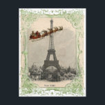 Cartes Pour Fêtes Annuelles Père Noël vintage sur Paris Christmas Postcard<br><div class="desc">Une Père Noël vintage et son traîneau rempli de jouets volent devant la Tour Eiffel à partir d'une carte postale française antique,  entourée d'un cadre vintage vert.</div>