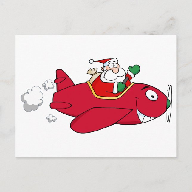 Cartes Pour Fêtes Annuelles Père Noël volant avec l'avion de Noël (Devant)
