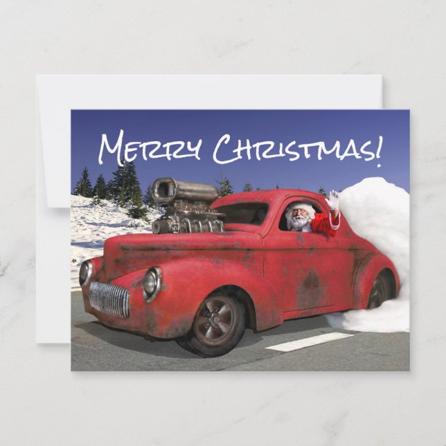 Cartes Pour Fêtes Annuelles Père Noël Waving Driving Old 1941 Rusty Hotrod Cou (Devant)