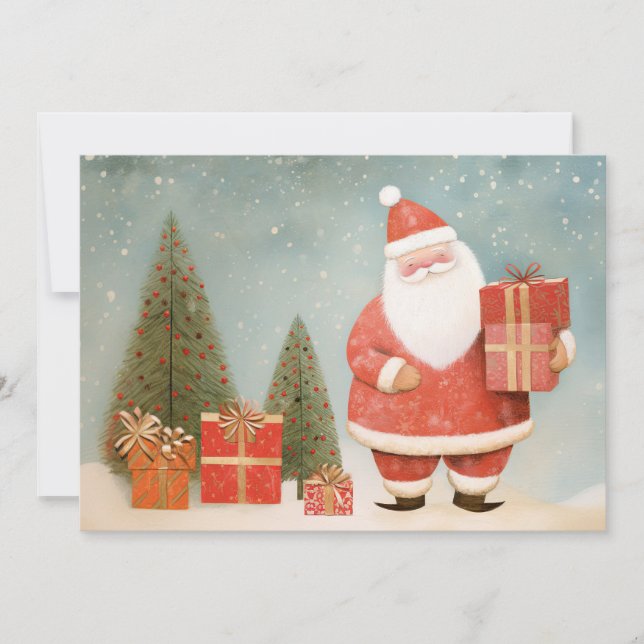 Cartes Pour Fêtes Annuelles Père Noël Whimsical avec Arbre de Noël & Cadeaux (Devant)