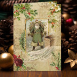 Cartes Pour Fêtes Annuelles Père victorien Noël Ephémère florale<br><div class="desc">Richement élégante composition de Noël avec vieux monde vert robed Père Noël encadré par vintage saint,  roses,  roses de chien et pin avec orné or fleurit sur arrière - plan sépia en détresse.</div>