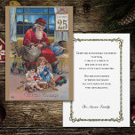 Cartes Pour Fêtes Annuelles Père vintage Noël avec enfants<br><div class="desc">Illustration nostalgique et pittoresque de Noël de l'ère victorienne avec un Père Noël à la roche rouge avec deux enfants et des cadeaux avec le parchemin du 25 décembre. Le dos est doté d'une bordure florale complémentaire,  d'un message d'accueil suggéré et de champs de texte modifiables.</div>