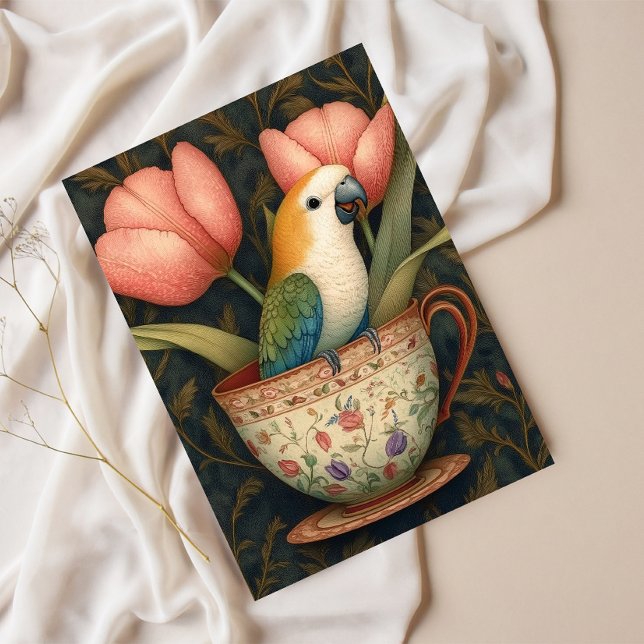 Cartes Pour Fêtes Annuelles Perroquet en Teacup avec tulipes (Créateur téléchargé)