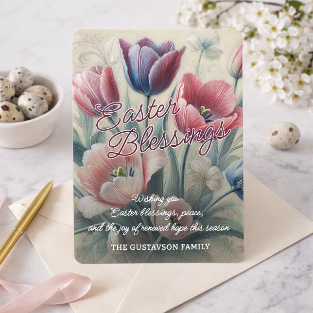 Cartes Pour Fêtes Annuelles Personalized Easter Blessings Tulips Floral Card (Créateur téléchargé)