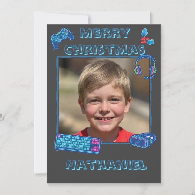 Cartes Pour Fêtes Annuelles Personalized Neon Gamer Photo Flat Christmas  (Devant)