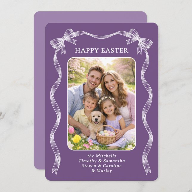 Cartes Pour Fêtes Annuelles Personalized Photo White Ribbon On Violet Easter (Devant / Derrière)