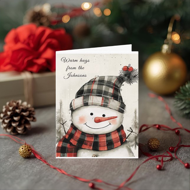 Cartes Pour Fêtes Annuelles Personalized Snowman Plaid Christmas Family Name  (Créateur téléchargé)