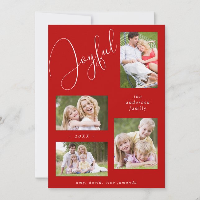 Cartes Pour Fêtes Annuelles Personnalisé 4 Photo Chic Script Joyeux Rouge (Devant)