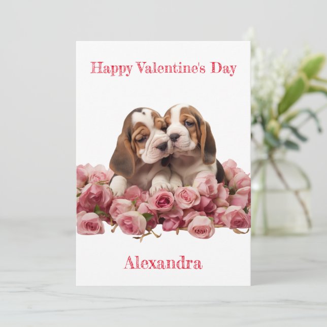Cartes Pour Fêtes Annuelles Personnalisé Deux Chiots Hound Basset Valentine (Debout devant)
