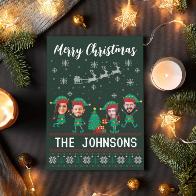 Cartes Pour Fêtes Annuelles Personnalisé Funny Face Photo Noël Famille d'elfes (Créateur téléchargé)