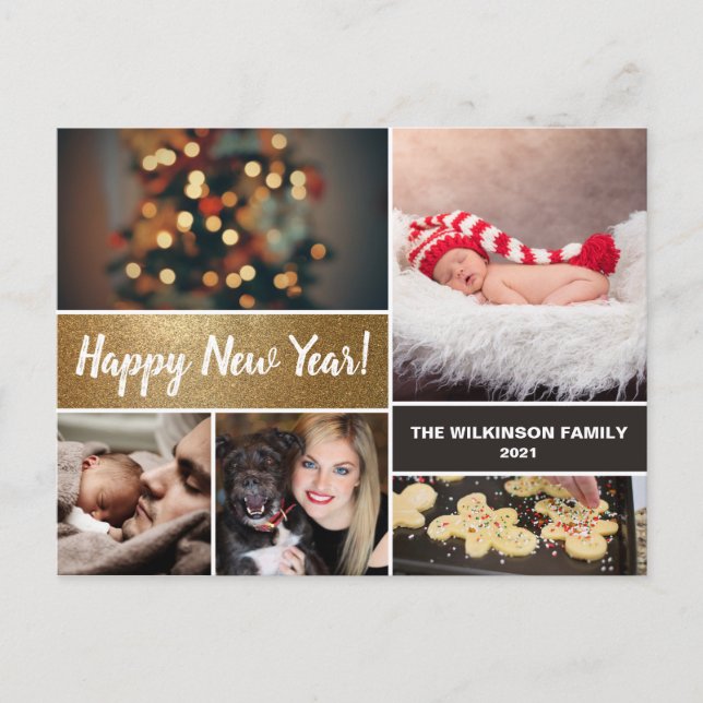 Cartes Pour Fêtes Annuelles Personnalisé Happy New Year Gold Photo Collage (Devant)