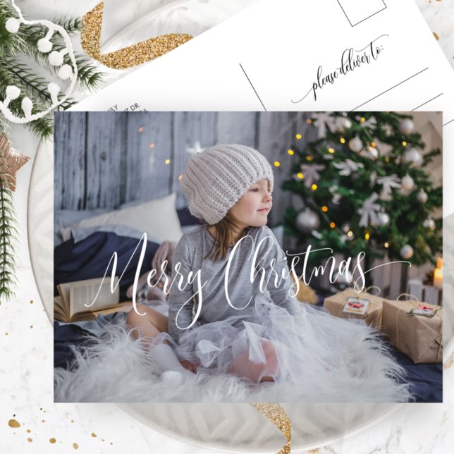 Cartes Pour Fêtes Annuelles Personnalisé, Joyeux script de Noël superposé phot (Créateur téléchargé)