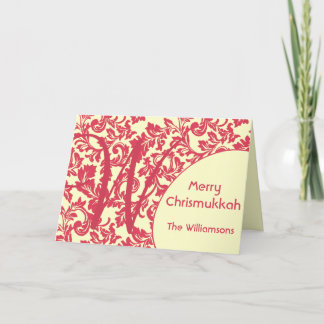 Cartes Pour Fêtes Annuelles Personnalisé & Monogramme Rouge Damask Chrismukkah