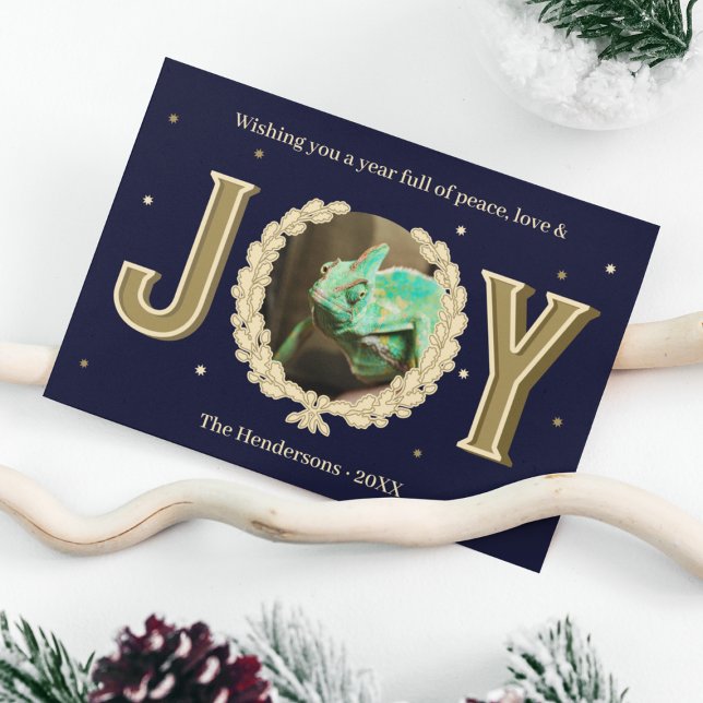 Cartes Pour Fêtes Annuelles Personnalisé Reptile Animal Photo Blue Gold Joie N (Custom Reptile Pet Photo Blue Gold Joy Christmas Holiday Card
)