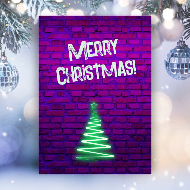 Cartes Pour Fêtes Annuelles Personnalisé Retro 80s Neon Pink Mur Arbre de Noël (Créateur téléchargé)