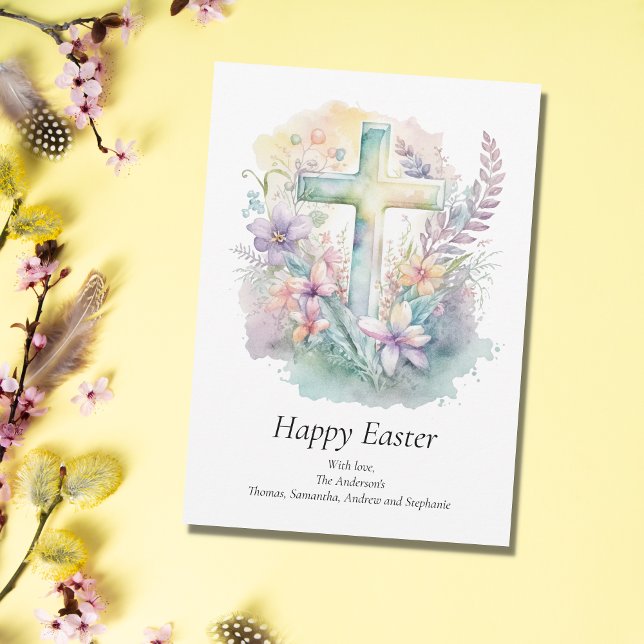 Cartes Pour Fêtes Annuelles Personnaliser Cross Floral Pastel Religieux Pâques (Créateur téléchargé)