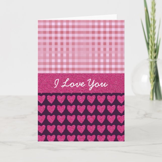 Cartes Pour Fêtes Annuelles Personnaliser I Love You Coeurs et en vichy roses (Devant)