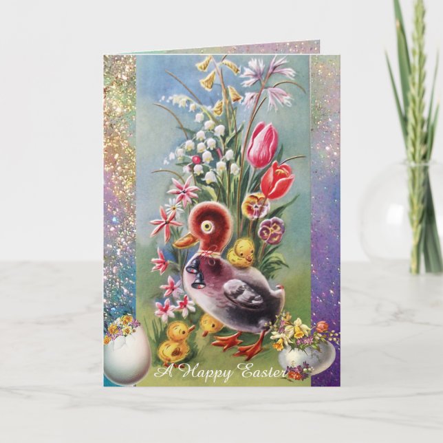 CARTES POUR FÊTES ANNUELLES PETIT CANARD, POULET, OEUFS DE PÂQUES AUX FLEURS (Devant)
